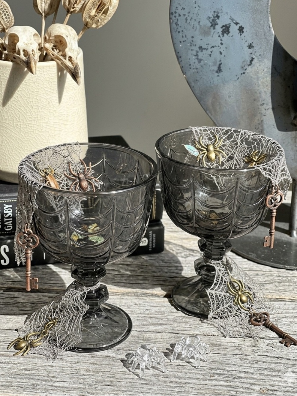 Halloween Smoked Glass Black Spiderweb Goblets - Set of 2 NEW